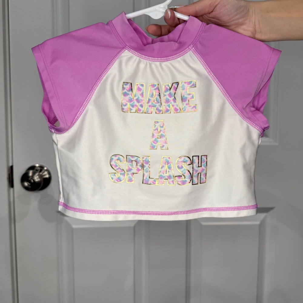 Cat & Jack‎ Girls Pink White Make A Splash Swim Rash Guard Crop Top Size XS 4/5
